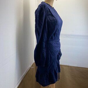 J. Crew Navy Blue Textured Wrap Dress With Ruffle Hem & Long Sleeves Size L Used